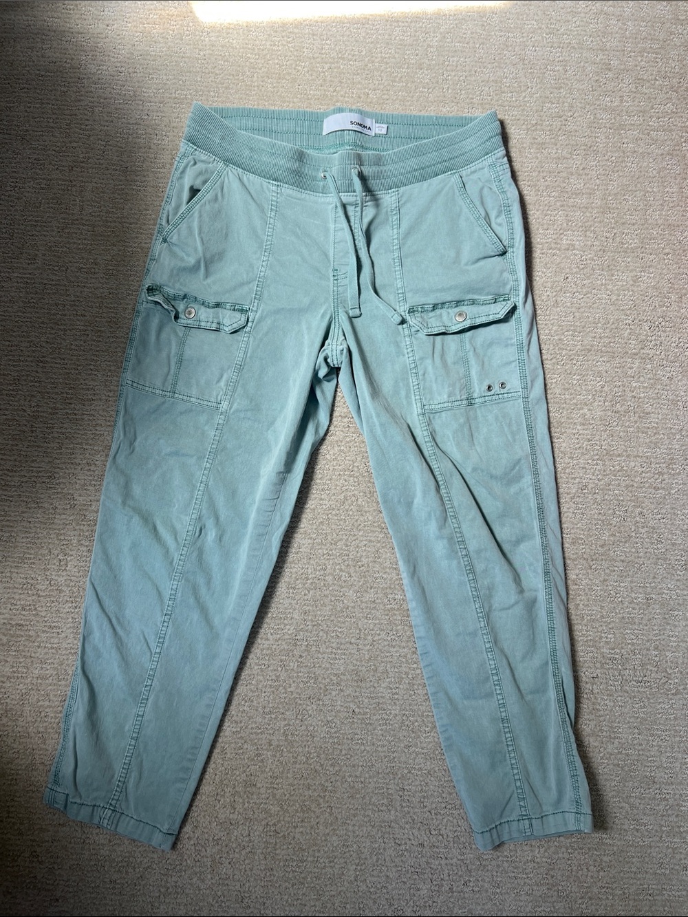 Sonoma Sage Green Ribbed-Waist cropped Cargo Joggers
